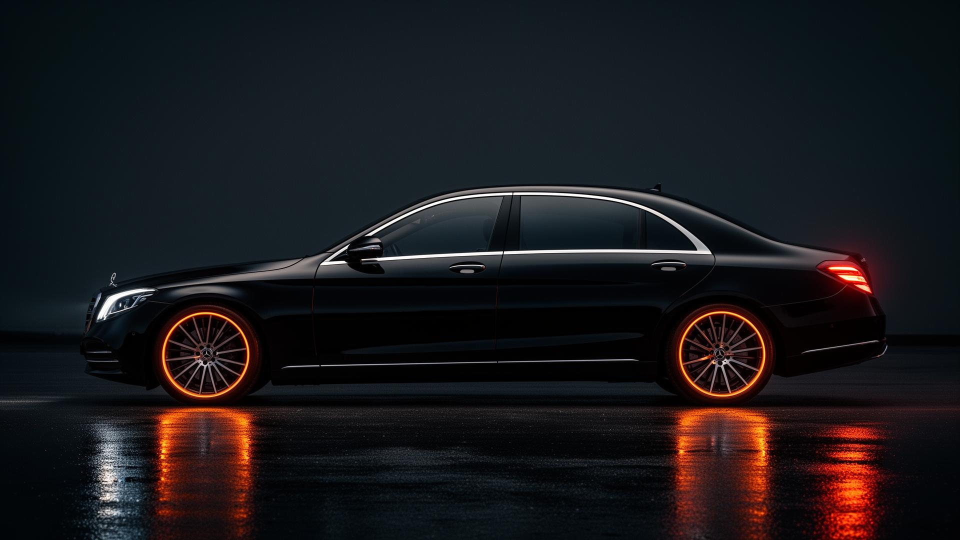 Black luxury sedan on wet asphalt